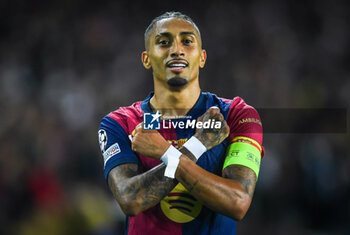 2024-10-23 - Raphael DIAS BELLOLI (Raphinha) of Barcelona celebrates his goal during the UEFA Champions League, League Phase MD3 football match between FC Barcelona and Bayern Munich on 23 October 2024 at Estadi Olimpic Lluis Companys in Barcelona, Spain - FOOTBALL - CHAMPIONS LEAGUE - FC BARCELONA V BAYERN MUNICH - UEFA CHAMPIONS LEAGUE - SOCCER