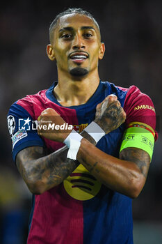 2024-10-23 - Raphael DIAS BELLOLI (Raphinha) of Barcelona celebrates his goal during the UEFA Champions League, League Phase MD3 football match between FC Barcelona and Bayern Munich on 23 October 2024 at Estadi Olimpic Lluis Companys in Barcelona, Spain - FOOTBALL - CHAMPIONS LEAGUE - FC BARCELONA V BAYERN MUNICH - UEFA CHAMPIONS LEAGUE - SOCCER