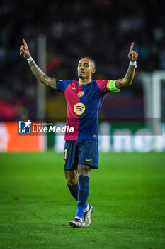 2024-10-23 - Raphael DIAS BELLOLI (Raphinha) of Barcelona celebrates his goal during the UEFA Champions League, League Phase MD3 football match between FC Barcelona and Bayern Munich on 23 October 2024 at Estadi Olimpic Lluis Companys in Barcelona, Spain - FOOTBALL - CHAMPIONS LEAGUE - FC BARCELONA V BAYERN MUNICH - UEFA CHAMPIONS LEAGUE - SOCCER