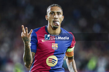 2024-10-23 - Raphinha of FC Barcelona celebrates a goal during the UEFA Champions League, League phase, Matchday 3 football match between FC Barcelona and Bayern Munich on 23 October 2024 at Estadi Olímpic Lluís Companys in Barcelona, Spain - FOOTBALL - CHAMPIONS LEAGUE - FC BARCELONA V BAYERN MUNICH - UEFA CHAMPIONS LEAGUE - SOCCER