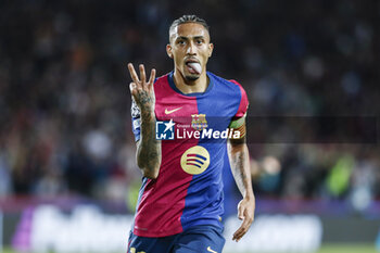 2024-10-23 - Raphinha of FC Barcelona celebrates a goal during the UEFA Champions League, League phase, Matchday 3 football match between FC Barcelona and Bayern Munich on 23 October 2024 at Estadi Olímpic Lluís Companys in Barcelona, Spain - FOOTBALL - CHAMPIONS LEAGUE - FC BARCELONA V BAYERN MUNICH - UEFA CHAMPIONS LEAGUE - SOCCER