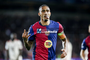 2024-10-23 - Raphinha of FC Barcelona celebrates a goal during the UEFA Champions League, League phase, Matchday 3 football match between FC Barcelona and Bayern Munich on 23 October 2024 at Estadi Olímpic Lluís Companys in Barcelona, Spain - FOOTBALL - CHAMPIONS LEAGUE - FC BARCELONA V BAYERN MUNICH - UEFA CHAMPIONS LEAGUE - SOCCER