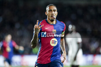 2024-10-23 - Raphinha of FC Barcelona celebrates a goal during the UEFA Champions League, League phase, Matchday 3 football match between FC Barcelona and Bayern Munich on 23 October 2024 at Estadi Olímpic Lluís Companys in Barcelona, Spain - FOOTBALL - CHAMPIONS LEAGUE - FC BARCELONA V BAYERN MUNICH - UEFA CHAMPIONS LEAGUE - SOCCER