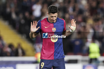 2024-10-23 - Robert Lewandowski of FC Barcelona reacts after scoring a goal during the UEFA Champions League, League phase, Matchday 3 football match between FC Barcelona and Bayern Munich on 23 October 2024 at Estadi Olímpic Lluís Companys in Barcelona, Spain - FOOTBALL - CHAMPIONS LEAGUE - FC BARCELONA V BAYERN MUNICH - UEFA CHAMPIONS LEAGUE - SOCCER