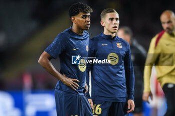 2024-10-23 - Lamine YAMAL of Barcelona and Fermin LOPEZ of Barcelona during the UEFA Champions League, League Phase MD3 football match between FC Barcelona and Bayern Munich on 23 October 2024 at Estadi Olimpic Lluis Companys in Barcelona, Spain - FOOTBALL - CHAMPIONS LEAGUE - FC BARCELONA V BAYERN MUNICH - UEFA CHAMPIONS LEAGUE - SOCCER