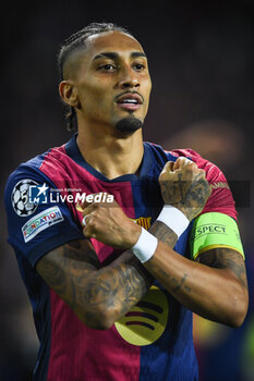 2024-10-23 - Raphael DIAS BELLOLI (Raphinha) of Barcelona celebrates his goal during the UEFA Champions League, League Phase MD3 football match between FC Barcelona and Bayern Munich on 23 October 2024 at Estadi Olimpic Lluis Companys in Barcelona, Spain - FOOTBALL - CHAMPIONS LEAGUE - FC BARCELONA V BAYERN MUNICH - UEFA CHAMPIONS LEAGUE - SOCCER