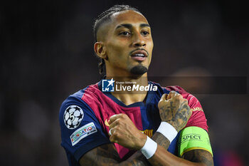 2024-10-23 - Raphael DIAS BELLOLI (Raphinha) of Barcelona celebrates his goal during the UEFA Champions League, League Phase MD3 football match between FC Barcelona and Bayern Munich on 23 October 2024 at Estadi Olimpic Lluis Companys in Barcelona, Spain - FOOTBALL - CHAMPIONS LEAGUE - FC BARCELONA V BAYERN MUNICH - UEFA CHAMPIONS LEAGUE - SOCCER