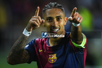 2024-10-23 - Raphael DIAS BELLOLI (Raphinha) of Barcelona celebrates his goal during the UEFA Champions League, League Phase MD3 football match between FC Barcelona and Bayern Munich on 23 October 2024 at Estadi Olimpic Lluis Companys in Barcelona, Spain - FOOTBALL - CHAMPIONS LEAGUE - FC BARCELONA V BAYERN MUNICH - UEFA CHAMPIONS LEAGUE - SOCCER