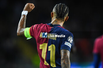 2024-10-23 - Raphael DIAS BELLOLI (Raphinha) of Barcelona celebrates his goal during the UEFA Champions League, League Phase MD3 football match between FC Barcelona and Bayern Munich on 23 October 2024 at Estadi Olimpic Lluis Companys in Barcelona, Spain - FOOTBALL - CHAMPIONS LEAGUE - FC BARCELONA V BAYERN MUNICH - UEFA CHAMPIONS LEAGUE - SOCCER