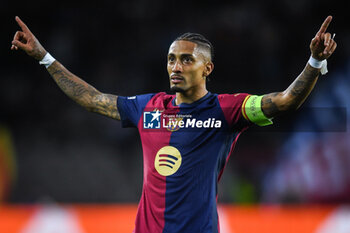 2024-10-23 - Raphael DIAS BELLOLI (Raphinha) of Barcelona celebrates his goal during the UEFA Champions League, League Phase MD3 football match between FC Barcelona and Bayern Munich on 23 October 2024 at Estadi Olimpic Lluis Companys in Barcelona, Spain - FOOTBALL - CHAMPIONS LEAGUE - FC BARCELONA V BAYERN MUNICH - UEFA CHAMPIONS LEAGUE - SOCCER