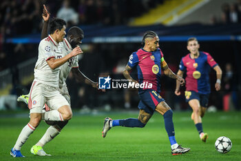 2024-10-23 - Min-Jae KIM of Bayern Munich, Dayot UPAMECANO of Bayern Munich and Raphael DIAS BELLOLI (Raphinha) of Barcelona during the UEFA Champions League, League Phase MD3 football match between FC Barcelona and Bayern Munich on 23 October 2024 at Estadi Olimpic Lluis Companys in Barcelona, Spain - FOOTBALL - CHAMPIONS LEAGUE - FC BARCELONA V BAYERN MUNICH - UEFA CHAMPIONS LEAGUE - SOCCER