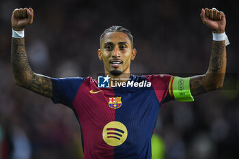 2024-10-23 - Raphael DIAS BELLOLI (Raphinha) of Barcelona celebrates his goal during the UEFA Champions League, League Phase MD3 football match between FC Barcelona and Bayern Munich on 23 October 2024 at Estadi Olimpic Lluis Companys in Barcelona, Spain - FOOTBALL - CHAMPIONS LEAGUE - FC BARCELONA V BAYERN MUNICH - UEFA CHAMPIONS LEAGUE - SOCCER