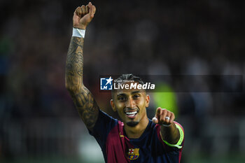 2024-10-23 - Raphael DIAS BELLOLI (Raphinha) of Barcelona celebrates his goal during the UEFA Champions League, League Phase MD3 football match between FC Barcelona and Bayern Munich on 23 October 2024 at Estadi Olimpic Lluis Companys in Barcelona, Spain - FOOTBALL - CHAMPIONS LEAGUE - FC BARCELONA V BAYERN MUNICH - UEFA CHAMPIONS LEAGUE - SOCCER