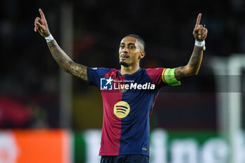 2024-10-23 - Raphael DIAS BELLOLI (Raphinha) of Barcelona celebrates his goal during the UEFA Champions League, League Phase MD3 football match between FC Barcelona and Bayern Munich on 23 October 2024 at Estadi Olimpic Lluis Companys in Barcelona, Spain - FOOTBALL - CHAMPIONS LEAGUE - FC BARCELONA V BAYERN MUNICH - UEFA CHAMPIONS LEAGUE - SOCCER