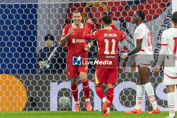 2024-10-23 - Liverpool forward Darwin Núñez (9) scores and celebrates 0-1 during the UEFA Champions League, League phase, Matchday 3 football match between RB Leipzig and Liverpool FC on 23 October 2024 at Red Bull Arena in Leipzig, Germany - FOOTBALL - CHAMPIONS LEAGUE - LEIPZIG V LIVERPOOL - UEFA CHAMPIONS LEAGUE - SOCCER