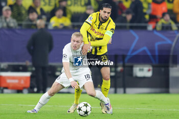 2024-11-05 - Mika Biereth of Sturm Graz and Emre Can of Borussia Dortmund during the UEFA Champions League, League phase, Matchday 4 football match between Borussia Dortmund and Sturm Graz on 5 November 2024 at Signal Iduna Park in Dortmund, Germany - FOOTBALL - CHAMPIONS LEAGUE - BORUSSIA DORTMUND V STURM GRAZ - UEFA CHAMPIONS LEAGUE - SOCCER