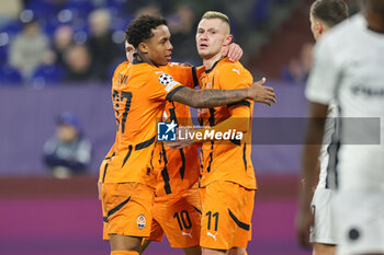 2024-11-06 - Oleksandr Zubkov of Shakhtar Donetsk celebrates his goal 1-1 with Kevin, Georgiy Sudakov during the UEFA Champions League, League phase, Matchday 4 football match between Shakhtar Donetsk and Young Boys Bern on 6 November 2024 at Veltins-Arena in Gelsenkirchen, Germany - FOOTBALL - CHAMPIONS LEAGUE - SHAKHTAR DONETSK V YOUNG BOYS - UEFA CHAMPIONS LEAGUE - SOCCER