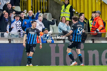 2024-04-11 - Hugo Vetlesen of Club Brugge celebrates after scoring his sides first goal with Jorne Spileers during the UEFA Europa Conference League, Quarter-finals, 1st leg football match between Club Brugge KV and PAOK Saloniki on April 11, 2024 at Jan Breydelstadion in Brugge, Belgium - FOOTBALL - CONFERENCE LEAGUE - CLUB BRUGGE V PAOK - UEFA CONFERENCE LEAGUE - SOCCER