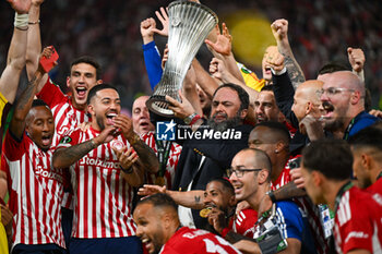 2024-05-29 - Happiness of Evangelos Marinakis with the UEFA Europa Conference League 2024 cup after win final soccer match between Olympiacos F.C. vs. A.C.F. Fiorentina at OPAP Arena, Athens, 29th of May 2024 - FINAL - OLYMPIACOS VS ACF FIORENTINA - UEFA CONFERENCE LEAGUE - SOCCER