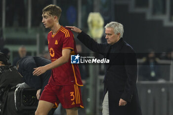 2024-01-10 - Dean Huijsen and Jose’ Mourinho of A.S. Roma during the quarter-final of the Frecciarossa Italian Cup between S.S. Lazio vs A.S. Roma, 10 January 2024 at the Olympic Stadium in Rome. - SS LAZIO VS AS ROMA - ITALIAN CUP - SOCCER