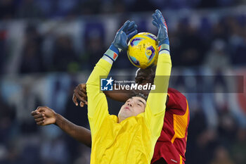 2024-01-10 - Christos Mandas goalkeeper of Lazio saves the ball under pressure from Romelu Lukaku of Roma during the Italian Cup, Coppa Italia, quarter final football match between SS Lazio and AS Roma on January 10, 2024 at Stadio Olimpico in Rome, Italy - FOOTBALL - ITALIAN CUP - LAZIO V ROMA - ITALIAN CUP - SOCCER