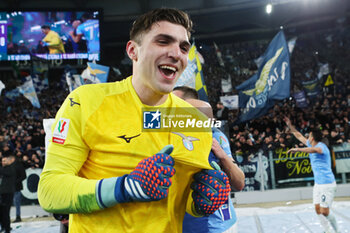 2024-01-10 - Christos Mandas goalkeeper of Lazio celebrates the victory at the end of the Italian Cup, Coppa Italia, quarter final football match between SS Lazio and AS Roma on January 10, 2024 at Stadio Olimpico in Rome, Italy - FOOTBALL - ITALIAN CUP - LAZIO V ROMA - ITALIAN CUP - SOCCER