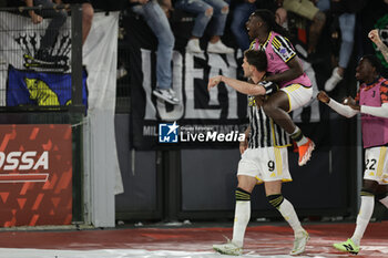 2024-05-15 - Juventus' Serbian forward Dusan Vlahovic celebrates after scoring a goal during the Italian Cup final football match between Atalanta and Juventus at Stadio Olimpico on May 15,2024 in Rome, Italy. - FINAL - JUVENTUS FC VS ATALANTA BC - ITALIAN CUP - SOCCER