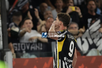 2024-05-15 - Juventus' Serbian forward Dusan Vlahovic celebrates after scoring a goal during the Italian Cup final football match between Atalanta and Juventus at Stadio Olimpico on May 15,2024 in Rome, Italy. - FINAL - JUVENTUS FC VS ATALANTA BC - ITALIAN CUP - SOCCER