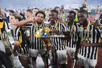 2024-05-15 - Juventus' American midfielder Weston McKennie, Juventus' Italian forward Moise Kean, Juventus' American forward Timothy Weah Juventus' English forward Samuel Iling Junior celebration victory during the Italian Cup final football match between Atalanta and Juventus at Stadio Olimpico on May 15,2024 in Rome, Italy. - FINAL - JUVENTUS FC VS ATALANTA BC - ITALIAN CUP - SOCCER