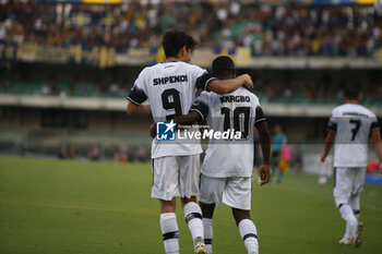 2024-08-10 - Cristian Shpendi of Cesena FC celebrates after scoring during Hellas Verona FC vs Cesena FC, round of 32° Coppa Italia Frecciarossa 2024-25, at MarcAntonio Bentegodi stadium in Verona (VR), Italy, on August 10, 2024. - HELLAS VERONA FC VS CESENA FC - ITALIAN CUP - SOCCER