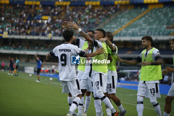 2024-08-10 - Cristian Shpendi of Cesena FC celebrates after scoring during Hellas Verona FC vs Cesena FC, round of 32° Coppa Italia Frecciarossa 2024-25, at MarcAntonio Bentegodi stadium in Verona (VR), Italy, on August 10, 2024. - HELLAS VERONA FC VS CESENA FC - ITALIAN CUP - SOCCER