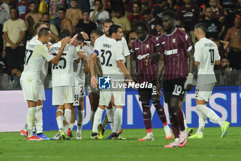 2024-08-12 - Edoardo Soleri of Spezia Calcio celebrates after scoring goal during the Soccer Italian Cup Freccia Rossa between US Salernitana 1919 vs Spezia Calcio at Arechi Stadium - US SALERNITANA VS SPEZIA CALCIO - ITALIAN CUP - SOCCER