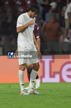 2024-08-12 - Edoardo Soleri of Spezia Calcio celebrates after scoring goal during the Soccer Italian Cup Freccia Rossa between US Salernitana 1919 vs Spezia Calcio at Arechi Stadium - US SALERNITANA VS SPEZIA CALCIO - ITALIAN CUP - SOCCER