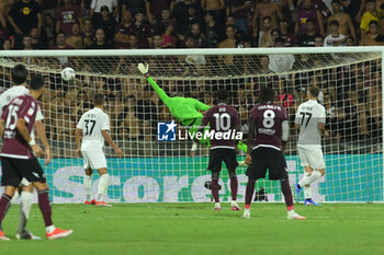 2024-08-12 - Yayah Kallon of US Salernitana 1919 scores goal 1-2 during the Soccer Italian Cup Freccia Rossa between US Salernitana 1919 vs Spezia Calcio at Arechi Stadium - US SALERNITANA VS SPEZIA CALCIO - ITALIAN CUP - SOCCER