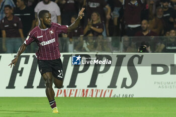 2024-08-12 - Yayah Kallon of US Salernitana 1919 celebrates after scoring goal during the Soccer Italian Cup Freccia Rossa between US Salernitana 1919 vs Spezia Calcio at Arechi Stadium - US SALERNITANA VS SPEZIA CALCIO - ITALIAN CUP - SOCCER