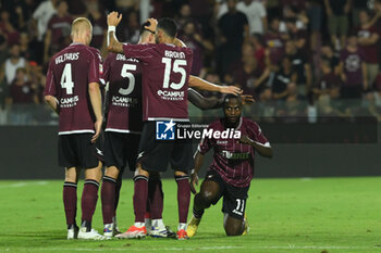 2024-08-12 - Yayah Kallon of US Salernitana 1919 celebrates after scoring goal during the Soccer Italian Cup Freccia Rossa between US Salernitana 1919 vs Spezia Calcio at Arechi Stadium - US SALERNITANA VS SPEZIA CALCIO - ITALIAN CUP - SOCCER