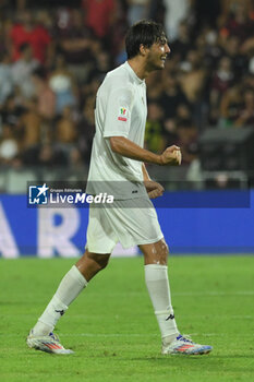 2024-08-12 - Edoardo Soleri of Spezia Calcio celebrates after scoring goal during the Soccer Italian Cup Freccia Rossa between US Salernitana 1919 vs Spezia Calcio at Arechi Stadium - US SALERNITANA VS SPEZIA CALCIO - ITALIAN CUP - SOCCER