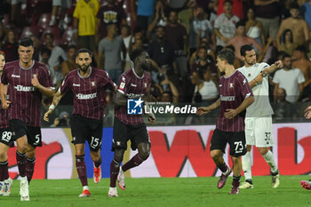 2024-08-12 - Boulaye Dia of US Salernitana 1919 celebrates after scoring goal during the Soccer Italian Cup Freccia Rossa between US Salernitana 1919 vs Spezia Calcio at Arechi Stadium - US SALERNITANA VS SPEZIA CALCIO - ITALIAN CUP - SOCCER