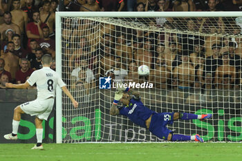 2024-08-12 - Luigi Sepe of US Salernitana 1919 saves the penalty kick during the Soccer Italian Cup Freccia Rossa between US Salernitana 1919 vs Spezia Calcio at Arechi Stadium - US SALERNITANA VS SPEZIA CALCIO - ITALIAN CUP - SOCCER