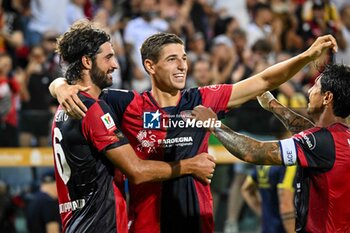 2024-08-12 - Matteo Prati of Cagliari Calcio, Sebastiano Luperto of Cagliari Calcio, Esultanza, Joy After scoring goal, - CAGLIARI CALCIO VS CARRARESE CALCIO - ITALIAN CUP - SOCCER