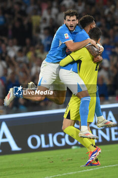 2024-08-10 - Khvicha Kvaratskhelia of SSC Napoli and Cyril Ngonge of SSC Napoli they celebrate at the end of the race during the Soccer Italian Cup Freccia Rossa between SSC Napoli vs Modena FC at Diego Armando Maradona Stadium - SSC NAPOLI VS MODENA FC - ITALIAN CUP - SOCCER