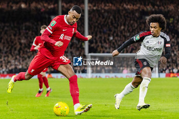 2024-01-24 - Liverpool midfielder Ryan Gravenberch (38) and Fulham midfielder Willian (20) during the English League Cup, EFL Cup, semi-final second leg football match between Fulham and Liverpool on 24 January 2024 at Craven Cottage in London, England - FOOTBALL - ENGLISH LEAGUE CUP - FULHAM V LIVERPOOL - ENGLISH LEAGUE CUP - SOCCER