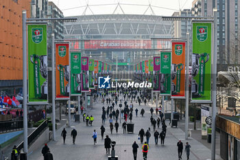 2024-02-25 - General view along Wembley Way looking towards Wembley Stadium with Carabao Cup branding ahead of the English League Cup, EFL Cup, Carabao Cup, Final football match between Chelsea and Liverpool on 25 February 2024 at Wembley Stadium in London, England - FOOTBALL - ENGLISH LEAGUE CUP - FINAL - CHELSEA V LIVERPOOL - ENGLISH LEAGUE CUP - SOCCER