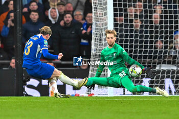 2024-02-25 - Caoimhin Kelleher (62) of Liverpool makes a save from a shot at goal by Conor Gallagher (23) of Chelsea during the English League Cup, EFL Cup, Carabao Cup, Final football match between Chelsea and Liverpool on 25 February 2024 at Wembley Stadium in London, England - FOOTBALL - ENGLISH LEAGUE CUP - FINAL - CHELSEA V LIVERPOOL - ENGLISH LEAGUE CUP - SOCCER