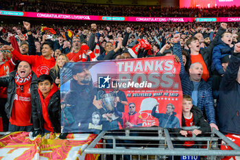 2024-02-25 - Liverpool fans with a thanks boss banner celebrate after winning the English League Cup, EFL Cup, Carabao Cup, Final football match between Chelsea and Liverpool on 25 February 2024 at Wembley Stadium in London, England - FOOTBALL - ENGLISH LEAGUE CUP - FINAL - CHELSEA V LIVERPOOL - ENGLISH LEAGUE CUP - SOCCER