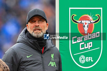 2024-02-25 - Liverpool manager Jurgen Klopp next to the Carabao Cup logo during the English League Cup, EFL Cup, Carabao Cup, Final football match between Chelsea and Liverpool on 25 February 2024 at Wembley Stadium in London, England - FOOTBALL - ENGLISH LEAGUE CUP - FINAL - CHELSEA V LIVERPOOL - ENGLISH LEAGUE CUP - SOCCER