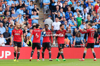 2024-05-25 - Kobbie Mainoo (37) of Manchester United celebrates is goal 0-2 during the English FA Cup, Final football match between Manchester City and Manchester United on 25 May 2024 at Wembley Stadium in London, England - FOOTBALL - ENGLISH CUP - FINAL - MANCHESTER CITY V MANCHESTER UNITED - ENGLISH LEAGUE CUP - SOCCER