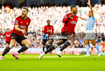2024-03-04 - Marcus Rashford (10) of Manchester United scores a goal and celebrates 0-1 during the English championship Premier League football match between Manchester City and Manchester United on 3 March 2024 at the Etihad Stadium in Manchester, England - FOOTBALL - ENGLISH CHAMP - MANCHESTER CITY V MANCHESTER UNITED - ENGLISH PREMIER LEAGUE - SOCCER