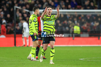 2024-03-04 - Declan Rice of Arsenal scores a goal and celebrates 0-5 during the English championship Premier League football match between Sheffield United and Arsenal on 4 March 2024 at Bramall Lane in Sheffield, England - FOOTBALL - ENGLISH CHAMP - SHEFFIELD V ARSENAL - ENGLISH PREMIER LEAGUE - SOCCER