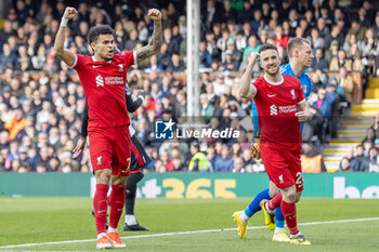 2024-04-21 - Liverpool forward Diogo Jota (20) scores and celebrates 1-3 during the English championship Premier League football match between Fulham and Liverpool on 21 April 2024 at Craven Cottage in London, England - FOOTBALL - ENGLISH CHAMP - FULHAM V LIVERPOOL - ENGLISH PREMIER LEAGUE - SOCCER